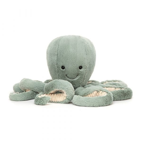 Odyssey octopus is a gorgeous velvety soft sea green cuddly toy from Jellycat. With long furry tentacles and a sweet little smile.