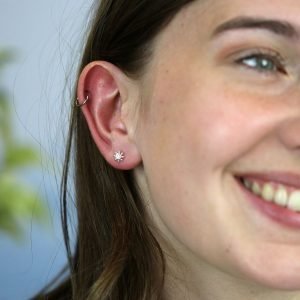 A lovely pair of flower style stud earrings with a faceted cubic zirconia centre and fancy edging made from sterling silver.