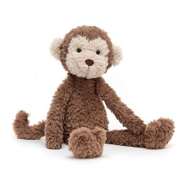 A cute curly furred monkey from Jellycat. With brown body head and tail and a beige face and ears.