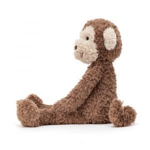 A cute curly furred monkey from Jellycat. With brown body head and tail and a beige face and ears.