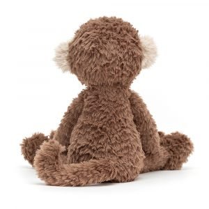A cute curly furred monkey from Jellycat. With brown body head and tail and a beige face and ears.
