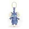 A cute pram toy with jitter inside of it. A cute elephant made from blue thick corduroy attached to a little hoop. This little toy jitters around when turned on