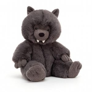A cute wilf wolf from cuddly toy manufacturer Jellycat. With grey plush fur and pointed ears, velvety soft paws and white fangs.