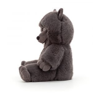 A cute cuddly wolf from toy manufacturer Jellycat. A grey furry wolf with pointed ears, big black eyes and nose and pointed white suede soft fangs.