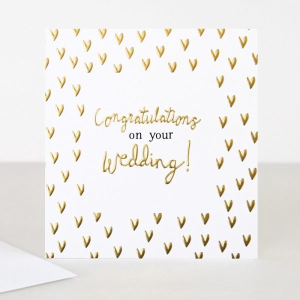 A cream square card with gold foil hearts and the words congratulations on your wedding