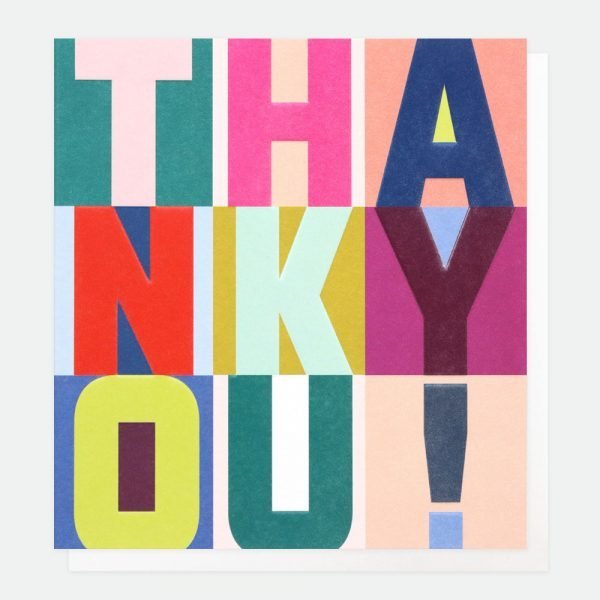 A graphic thank you card in the style of print block letters. Thank You!