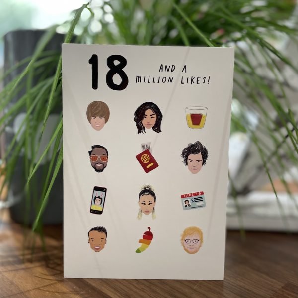 A fun card with images of famous people over the past 18 years and the words and a million likes printed on it A great card for an 18 year old.