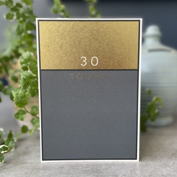 A card with a dark grey section at the bottom of it and the upper section has a slightly smaller gold section The number 30 is printed in white in the gold section and the word Today is printed in gold in the grey section.