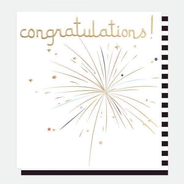 A plain white card with gold foiled firework exploding and congratulations also in gold foil