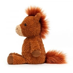 A cute little furry pony with a fluffy tail and mane. He has a cream coloured snout, little black eyes, furry ears and suede hoofs.