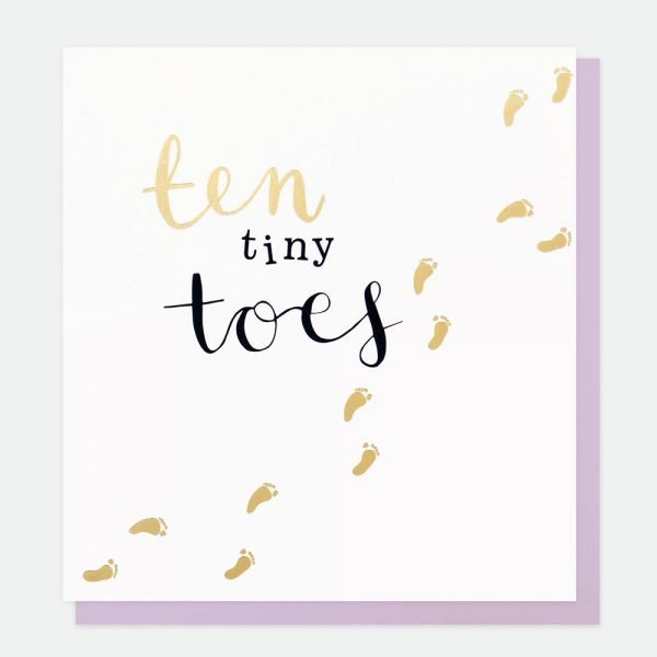 A new baby card. A white card with little foot prints and ten tiny toes written on the card