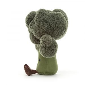An unusual amusable cuddly broccoli from Jellycat. This dark green toy has a curly furry broccoli head and a smooth suede body. He has long brown legs, little black eyes and a sweet little smile.