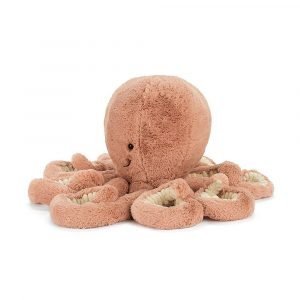 Odell octopus is a sweet soft furry peach coloured octopus cuddly toy with long tentacles with corded underside. She has lovely dark eyes and a sweet little smile.
