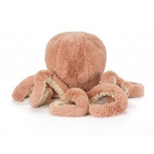 Odell octopus is a sweet soft furry peach coloured octopus cuddly toy with long tentacles with corded underside. She has lovely dark eyes and a sweet little smile.