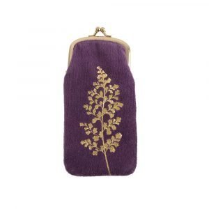 A purple velvet glasses pouch with gold clip clasp fastening and a gold leaf design