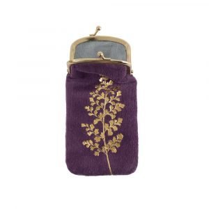 A purple velvet glasses pouch with gold clip clasp fastening and a gold leaf design