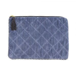 Blue velvet quilted and padded tablet cover with zip fastening and black tassel.