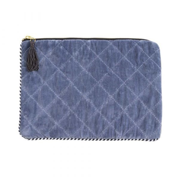 Blue velvet quilted and padded tablet cover with zip fastening and black tassel.