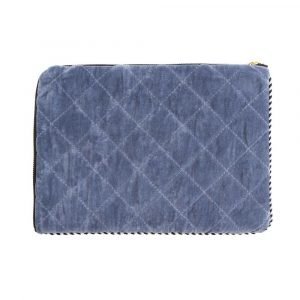 Blue velvet quilted and padded tablet cover with zip fastening and black tassel.
