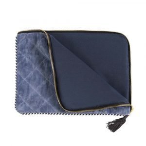 Blue velvet quilted and padded tablet cover with zip fastening and black tassel.