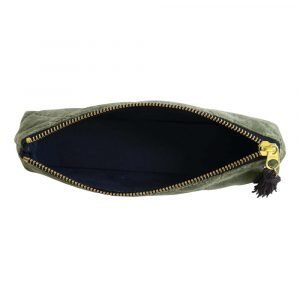 A green velvet quilted pouch for keeping either pens and pencils or cosmetic brushes in.