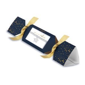 A lovely silver plated stretch bracelet with a sparkly star charm which is packaged in cracker packaging that is dark blue with gold and silver spots and gold ribbons on each end.