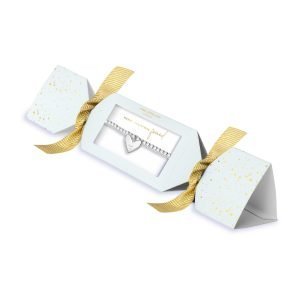 A silver plated stretch bracelet with a lovely heart charm. The bracelet is packaged in white Christmas cracker packaging.