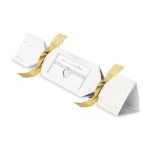 A silver plated stretch bracelet with a lovely silver plated heart charm on it. The bracelet is packaged in Christmas Cracker packaging with gold ribbons at either end.