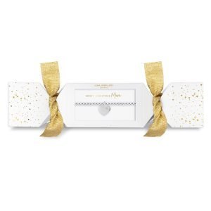 A silver plated stretch bracelet with a lovely silver plated heart charm on it. The bracelet is packaged in Christmas Cracker packaging with gold ribbons at either end.