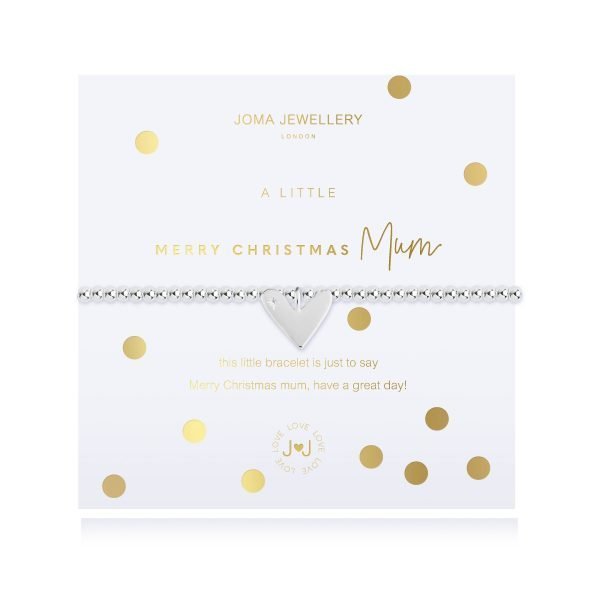 A silver plated stretch bracelet with a heart charm. The bracelet is on a white square card with gold and silver spots and a lovely sentiment which says Merry Christmas Mum.