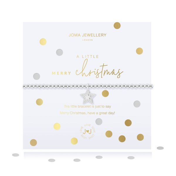 A silver plated stretch bracelet with a silver sparkly charm. The bracelet is presented on a square card with silver and gold spots all over it and the words A Little Nerry Christmas printed on the card.