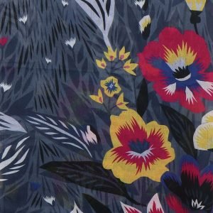 A grey scarf with a magenta, blue, yellow, white and grey flower pattern. Made from recycled polyester