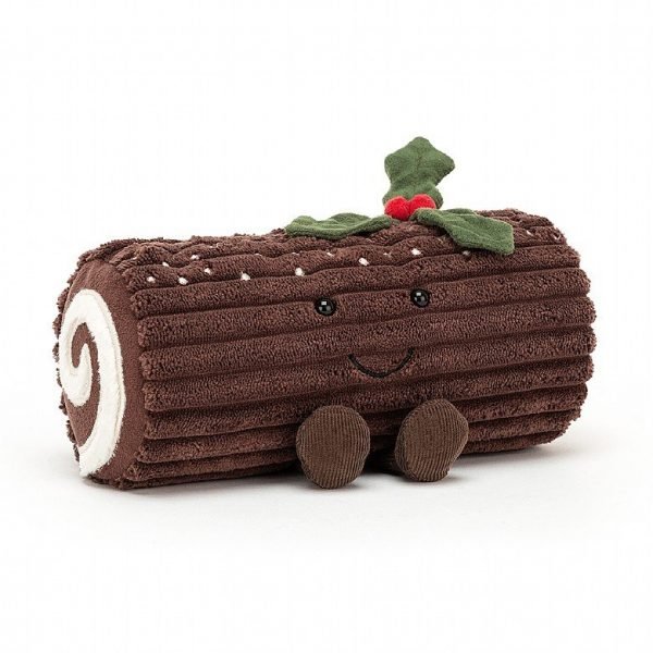 A wonderful cuddly toy which has been made to look like a Yule log with holly and berries and a little face and feet.