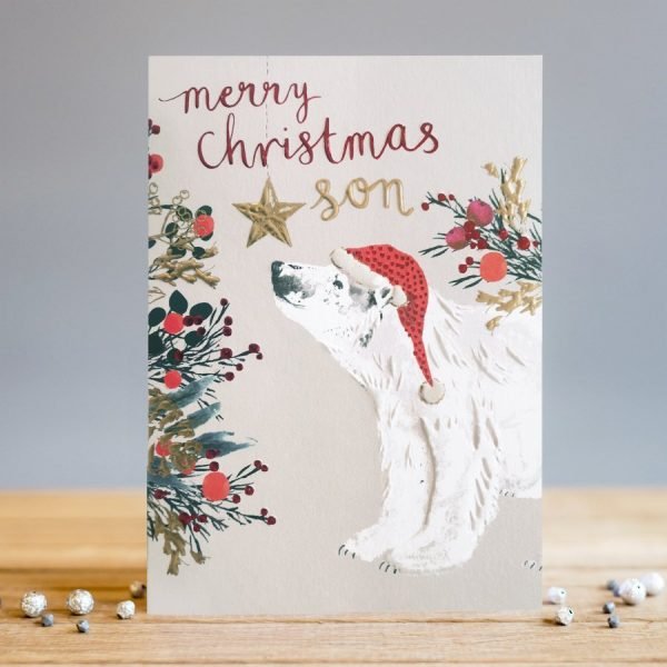 A cute christmas card with a polar bear wearing a santa hat next to a christmas tree. The words Merry Christmas Son are printed above the polar bear.