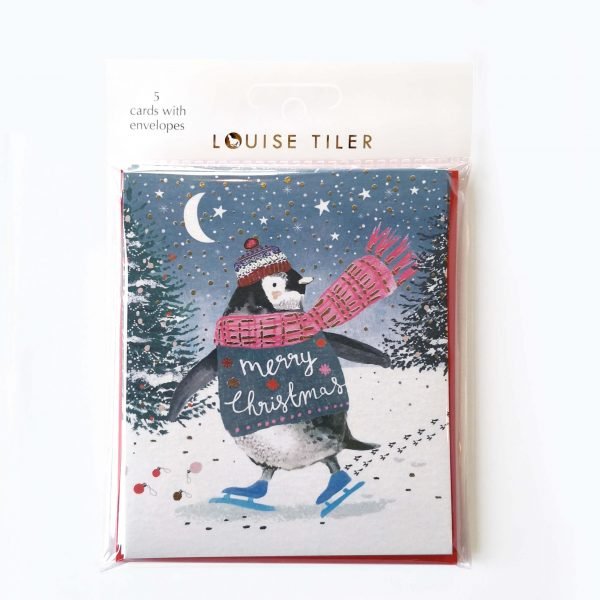 A pack of 5 mini cards with envelopes with an image of a skaint penguin wearing a wooly hat and scarf.