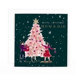 A Christmas card for your Mum and Dad with a couple decorating a Christmas tree