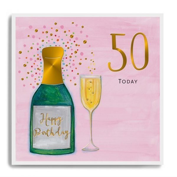 A pink card with gold foil spots and a big gold 50 and a champagne bottle and glass