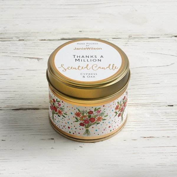 Thanks a million candle. A cypress and oak scented candle in a tin