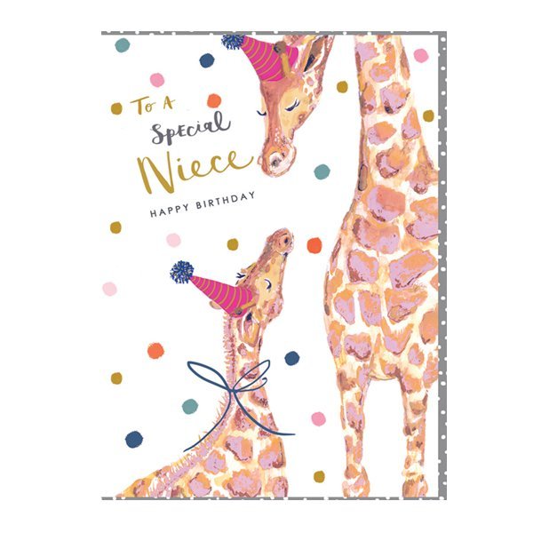 A sweet card with an adult and a young giraffe wearing party hats and with colourful spots all around them. The words to a special niece Happy Birthday are printed on the card