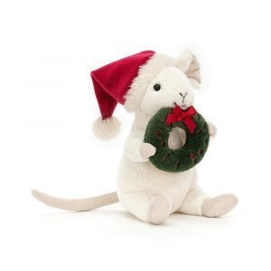 A sweet white mouse with a red santa hat and holding a green wreath with a red bow on it.