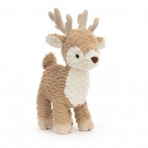 The cutest pale brown plush reindeer with a little black nose and cute velvety antlers.
