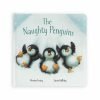 A children's story book with an image of three penguins on the front of it called the Naughty Penguins.