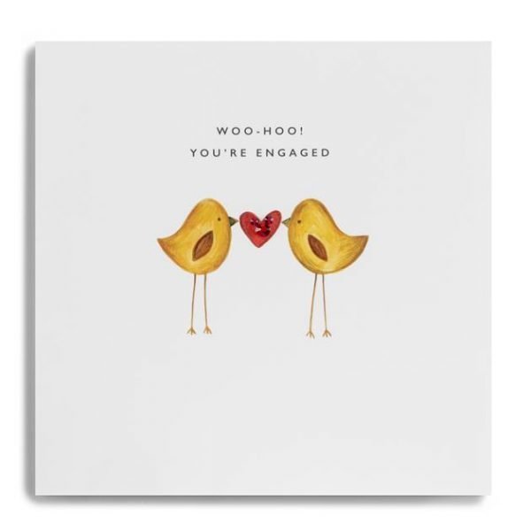 An engagement card with two love birds holding a red love heart and the words Woo Hoo You're Engaged