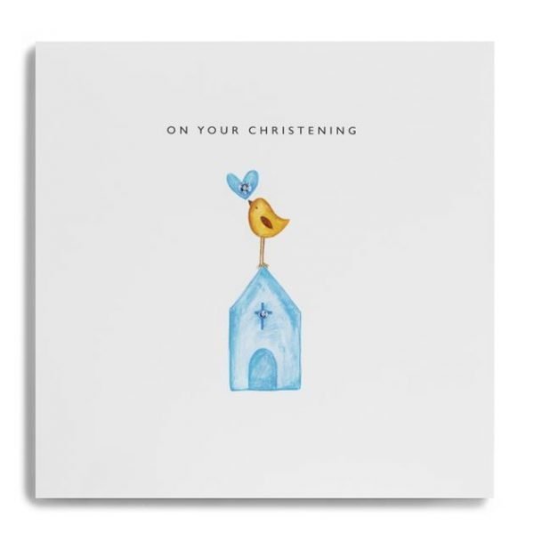 A christening card with a blue church and a cute bird holding a blue heart On Your Christening