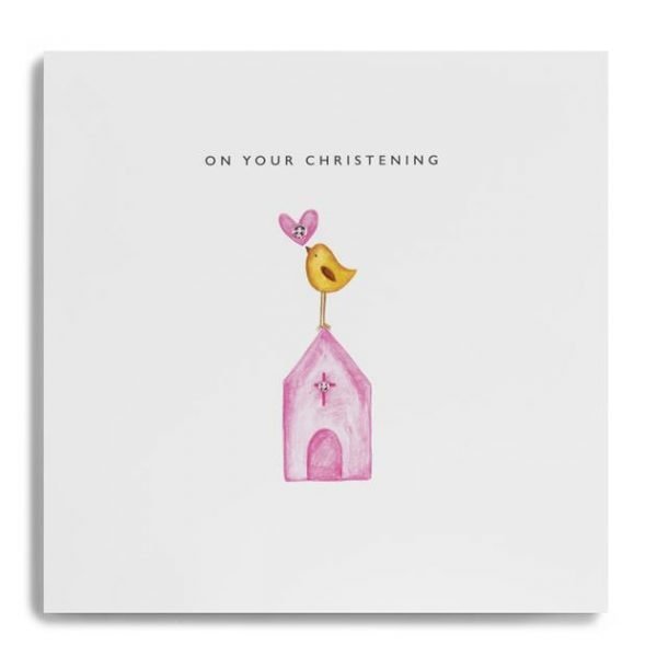 A christening card with a pink church and a cute bird holding a pink heart On Your Christening