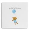 A new baby boy card with a little cute teddy in a blue babygrow with Its a boy. The teddy is holding a blue balloon and the words across the top of the card say Cheeky Chops! Welcome to the world