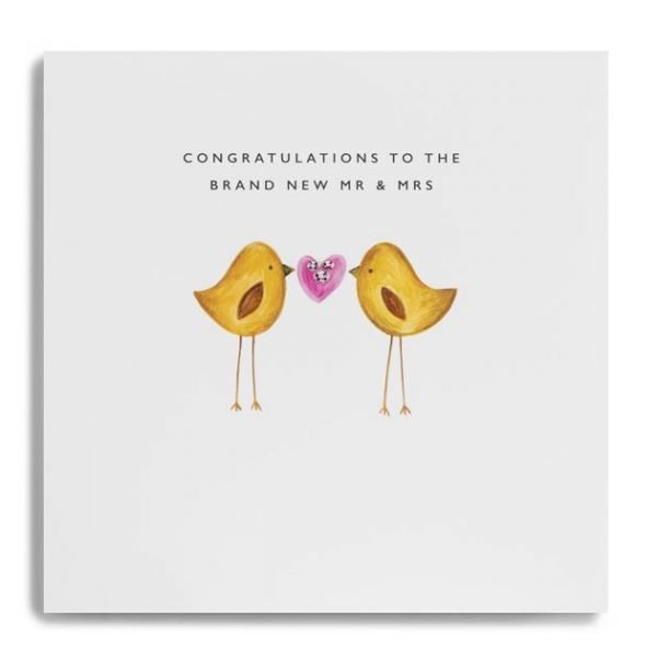 A wedding card for the brand new mr and mrs with two cute love birds holding a heart.