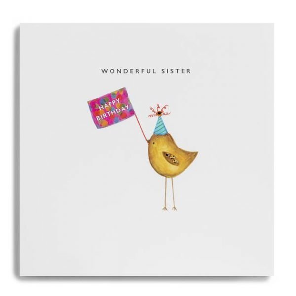 A birthday card for a wonderful sister with a cute little gold bird decorated with gold crystals wearing a party hat and holding a flay that says happy birthday