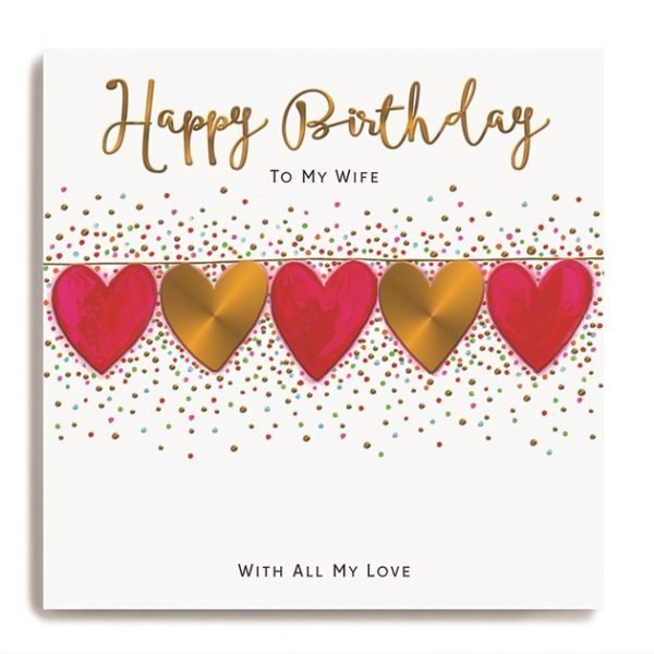 A wife birthday card with a row of red and gold hearts and happy birthday to my wife with all my love