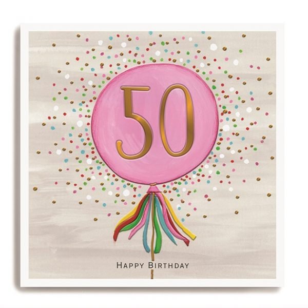 a 50th birthday card with a pink balloon and a gold foil 50